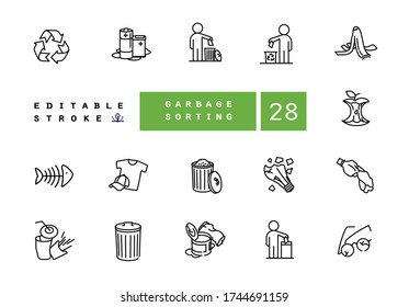 Environmental pollution vector linear icons set. Elements garbage outline symbols pack. Collection of simple sorting of waste icons isolated contour illustrations. Trash can. Banana peel. Recyclables