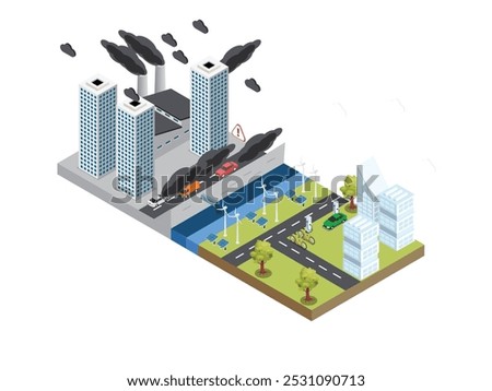 Environmental Pollution vs Clean Energy 3d isometric vector illustration