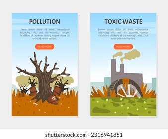 Sitio web de contaminación ambiental o aplicación de deslizador. Emisiones de gases de las fábricas que emiten co2, contaminación de la naturaleza con vectores de dibujos animados tóxicos de desechos nucleares