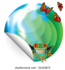 Environmental Poster: frog and a butterfly on the landscape.