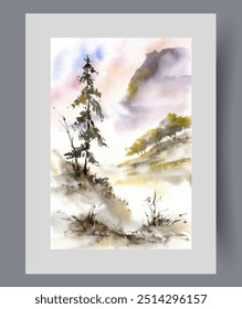 Environmental poster with wildlife and stunted coniferous tree growing on mountainside. Beautiful nature with environmental clean deserted area and various trees on banks of stream