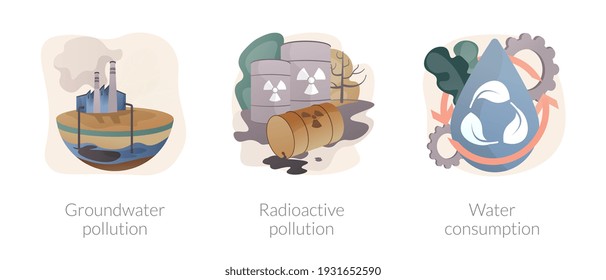 Environmental problem abstract concept vector illustration set. Groundwater pollution, radioactive hazardous waste, water consumption, toxic trash, chemical pollutant in soil abstract metaphor.