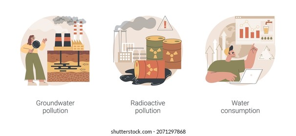 Conjunto de ilustraciones vectoriales de concepto abstracto de problema ambiental. Contaminación de las aguas subterráneas, desechos radiactivos peligrosos, consumo de agua, desechos tóxicos, contaminantes químicos en la metáfora abstracta del suelo.