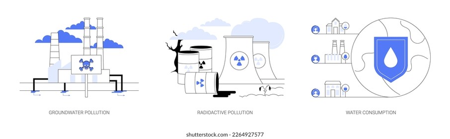 Environmental problem abstract concept vector illustration set. Groundwater pollution, radioactive hazardous waste, water consumption, toxic trash, chemical pollutant in soil abstract metaphor.