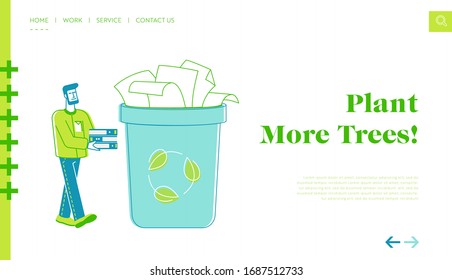 Environmental Problem, Ecology Protection, Save Paper Landing Page Template. Man Volunteer Character Carry Used Sheets Collecting Wastepaper Trash for Recycling and Reuse. Linear Vector Illustration