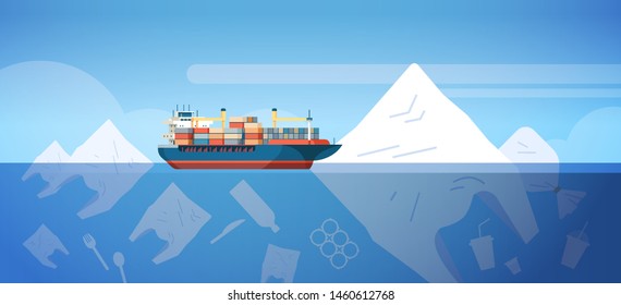 environmental problem of plastic rubbish pollution in ocean with container ship bags and other polluting waste floating underwater surface save the earth concept flat horizontal