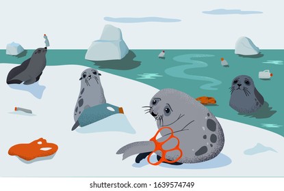 Environmental problem of pollution of the oceans, plastic and fur seals