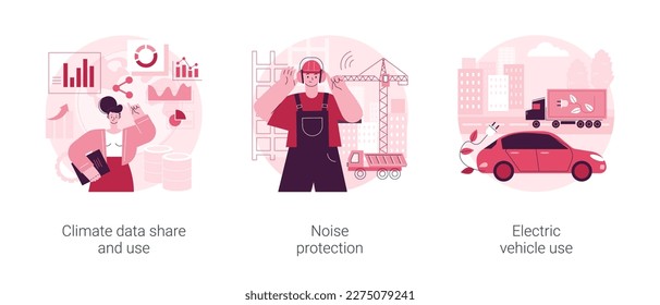 Umweltprobleme abstraktes Konzept Vektorgrafik Set. Klimadaten, Lärmschutz, Elektrofahrzeug, umweltfreundlicher Transport, Wettervorhersage, abstrakte Metapher zum Klimawandel.