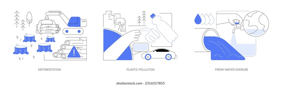 Environmental problems abstract concept vector illustration set. Deforestation, cutting down trees, global plastic pollution, fresh water overuse in agricultural irrigation abstract metaphor.