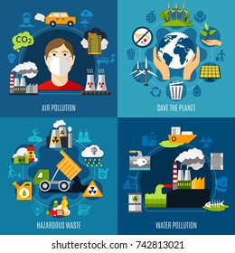  Environmental problems concept icons set with water and air pollution symbols flat isolated vector illustration 