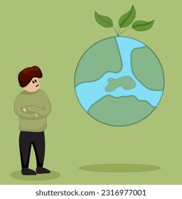 Environmental problems environmental concept. Man Watching Earth Vector illustration