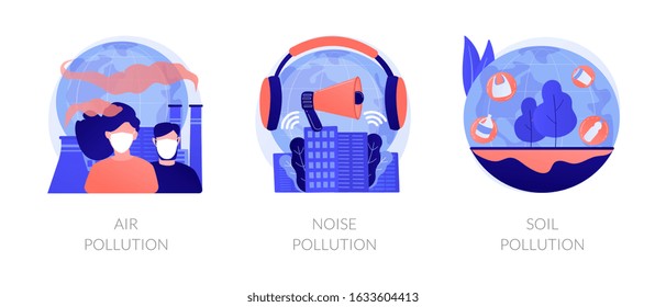 Environmental problems. Contaminated atmosphere. People in protective masks. Air pollution, noise pollution, soil pollution metaphors. Vector isolated concept metaphor illustrations