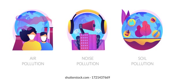 Environmental problems. Contaminated atmosphere. People in protective masks. Air pollution, noise pollution, soil pollution metaphors. Vector isolated concept metaphor illustrations