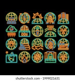 Environmental Problems neon light sign vector. Glowing bright icon  Environmental Problem, Industrial Pollution, Contamination Pictograms. Greenhouse Effect, Global Warming