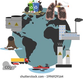Environmental problems, environmental pollution. Environmental problems icons. Vector.