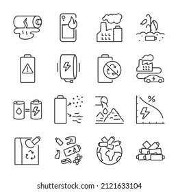 Environmental problems of rechargeable battery, accumulators and batteries icons set. Hazardous waste. Battery recycling. Contaminate. Line with editable stroke