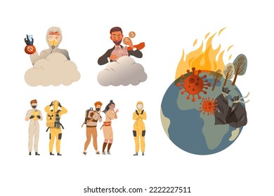 Environmental problems set. Global warming, environmental pollution Ecological activists caring about planet vector illustration