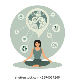 Environmental Promoting Sustainability and Circular Economy. Woman practicing meditation, surrounded by representing environmental conservation, green energy, recycling, and the circular economy. 