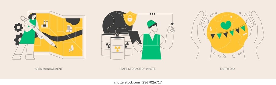 Environmental protection abstract concept vector illustration set. Area management, safe storage of waste, Earth Day, national park, sorting and recycling, save planet, activism abstract metaphor.