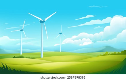 Environmental protection banner design wind turbines and grass blue sky white clouds