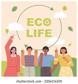 banner de protección ambiental. La gente está haciendo campaña señalando el mensaje de la vida ecológica. ilustración vectorial de estilo de diseño plano.