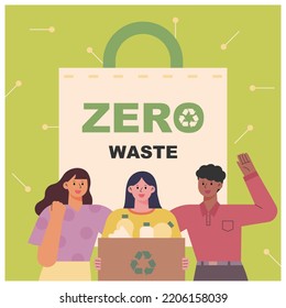 Environmental Protection Banner. People Running A Zero Waste Campaign. Flat Design Style Vector Illustration.