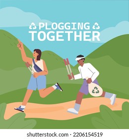 environmental protection banner. Plogging people jogging and picking up trash. flat design style vector illustration.