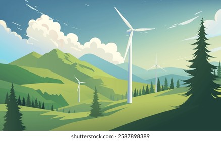 Environmental protection banners design wind turbines between trees and mountains