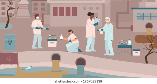 Environmental protection biologist flat composition with group of scientists performing tests examining polluted water for chemicals vector illustration