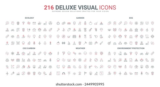 Environmental protection, carbon dioxide and resource consumption line icons set. Corporate company management with ESG, weather and meteorology thin black and red outline symbols vector illustration