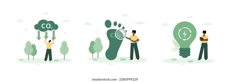 Environmental protection. Characters trying to reduce CO2 emission. Environmental, Social, and Corporate Governance concept. Net zero. Set of Vector illustration in flat cartoon style.