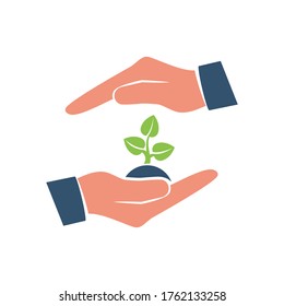 Environmental protection color logo. Hands holding tree. Ecology concept. Protection ecology. Vector illustration flat design. Banner environmental protection.
