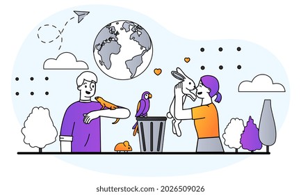 Environmental protection concept. Climate action, forestation and recycling awareness to save animal extinction because of habitat loss. People take care of animals. Cartoon flat vector illustration