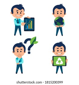 Environmental protection concept. Ecologist on digital tablet shows growth graph. Humanity protects Earth. Ecologist reflects on state of ecology on planet. Man warns about recycling of raw materials
