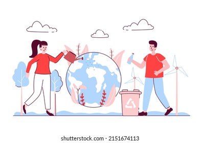 Umweltschutzkonzept in flacher Bauweise. Menschen und Frauen kümmern sich um Planet, Pflanzen und Klima, sortieren Müll und recyceln Abfälle. Vektorgrafik mit Umriss-Menschen-Szene für Web