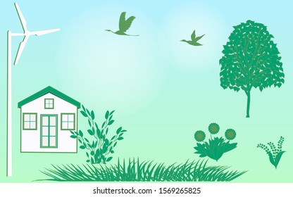 Environmental protection concept - house, birds, tree, flowers, grass - vector. Ecology Green Energy.