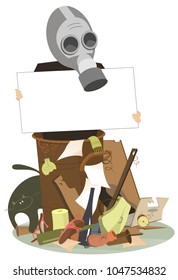 Environmental protection concept illustration. Trash dump and man in the gas mask with a banner trying to protect the environment from waste products illustration vector 

