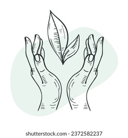 Environmental protection concept. Leaves in the hands of a man. Vector doodle.