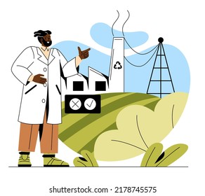 Environmental protection concept. Male scientist presents recycling factory. Zero waste and reduced emissions. Caring for nature and planet. Cartoon modern flat vector illustration in doodle style