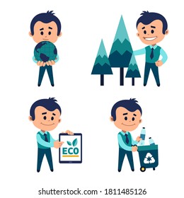 Environmental protection concept. Man holding Earth in his palms. Planting and preserving forests. Man carries container with garbage for recycling. Ecologist points eco label on tablet.