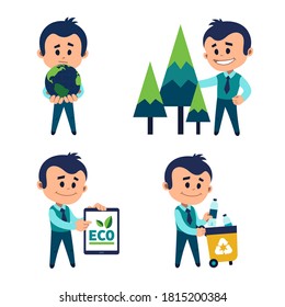 Environmental protection concept. Man holding Earth in his palms. Planting and preserving forests. Man carries container with garbage for recycling. Ecologist draws attention to ecology on tablet.