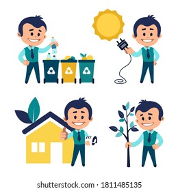 Environmental protection concept. Man sorting garbage. Man planting tree. Solar energy concept. Man near eco house. Eco building concept