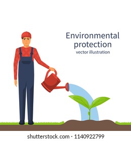 Environmental protection concept. Watering, fertilizer young sapling falling drop of water isolated. Plant sprout. Water in hand of man. Vector illustration flat design. Isolated on white background.