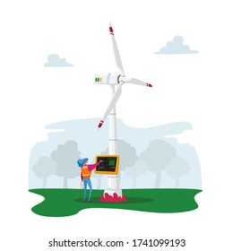 Environmental Protection Concept. Young Woman Character Stand at Panel Controlling Work of Windmills on Nature Background. Renewable Resources, Green Energy Generation. Cartoon Vector Illustration