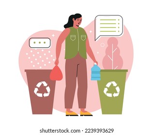 Environmental protection concept. Young woman sorts waste and throws it into special trash cans. Garbage recycling. Kind volunteer takes care of nature and ecology. Cartoon flat vector illustration