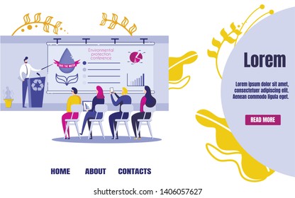 Environmental Protection Conference Banner Vector Illustration. People Sitting in Conference Room Taking Photos and Listening to Speaker. Man Standing and Pointing on Chart Data about Pollution.
