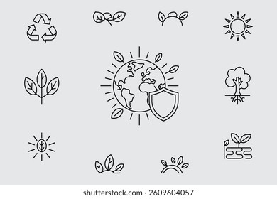Environmental Protection And Conservation Line Icons Earth Shield Nature Preservation Concept