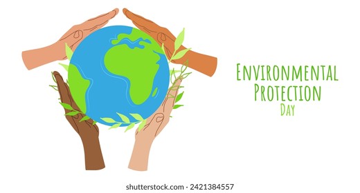 Environmental Protection Day Save the Planet Earth. Hands different people hold planet. Banner design. Vector illustration.