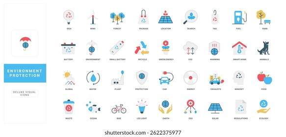 Environmental protection, eco mindset and smart technology, renewable power, ESG color icon set. Garbage recycling, green energy protect air from pollution, greenhouse effect flat vector illustration