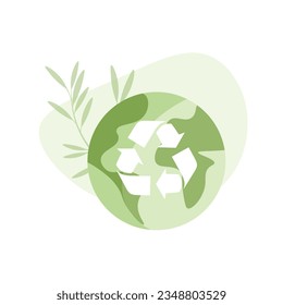 Concepto de protección ambiental y ecología. Recolección de basura plástica y reciclado de residuos. Apoyando a la Tierra. Etiqueta de la ilustración del vector.